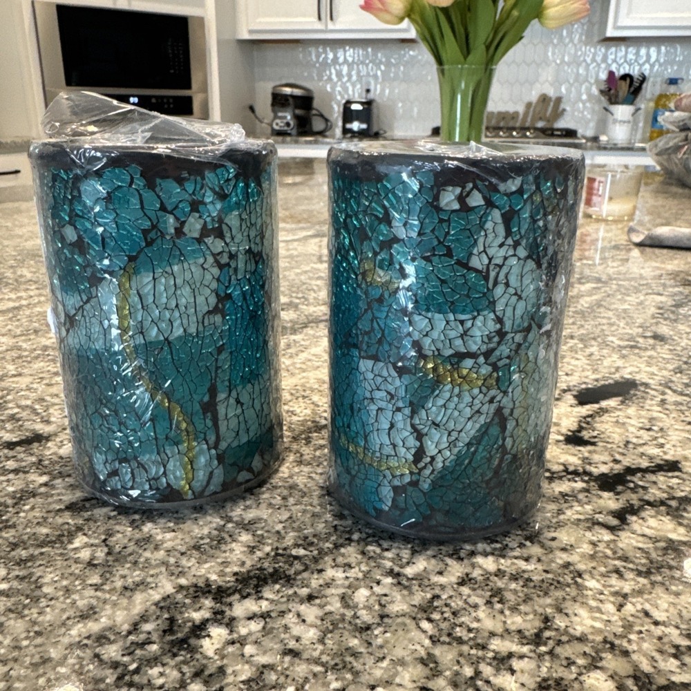 Blue 2 Glass Mosaic Votive 5" Candle Wax Filled With Batteries‎ Flicker Candle